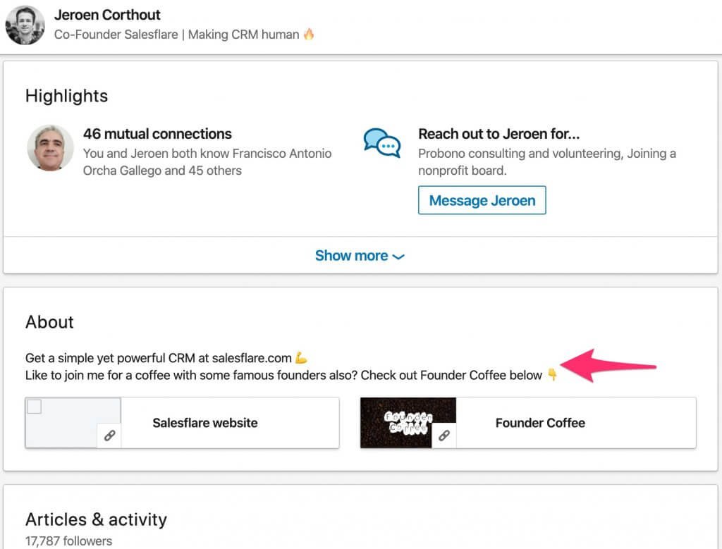 Jerod Corthout about section on LinkedIn profile