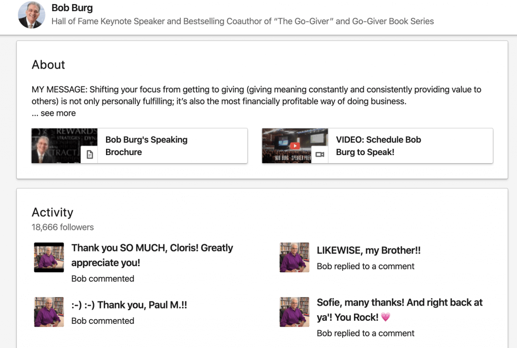 Bob Burg using video on his LinkedIn profile page