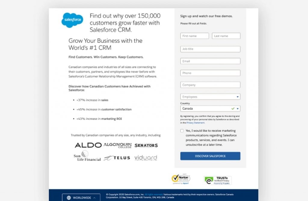 salesforce landing page example