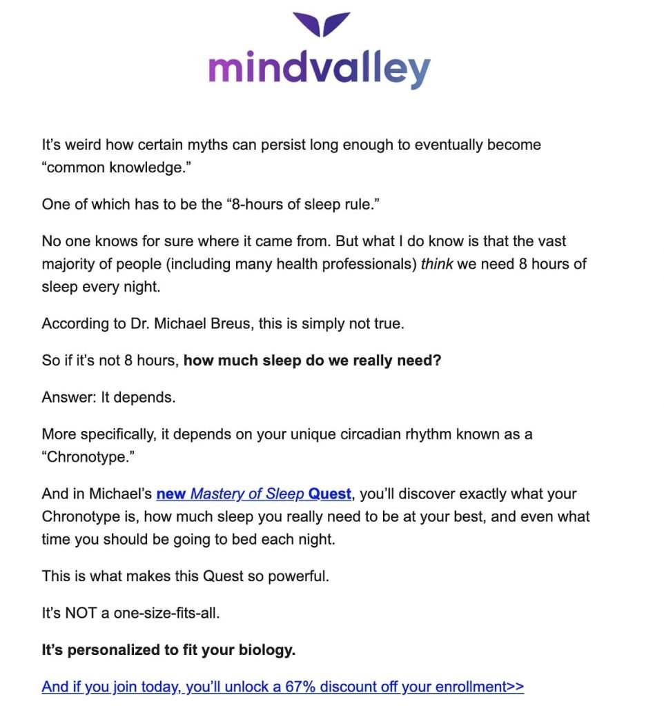 email marketing funnel example from mindvalley