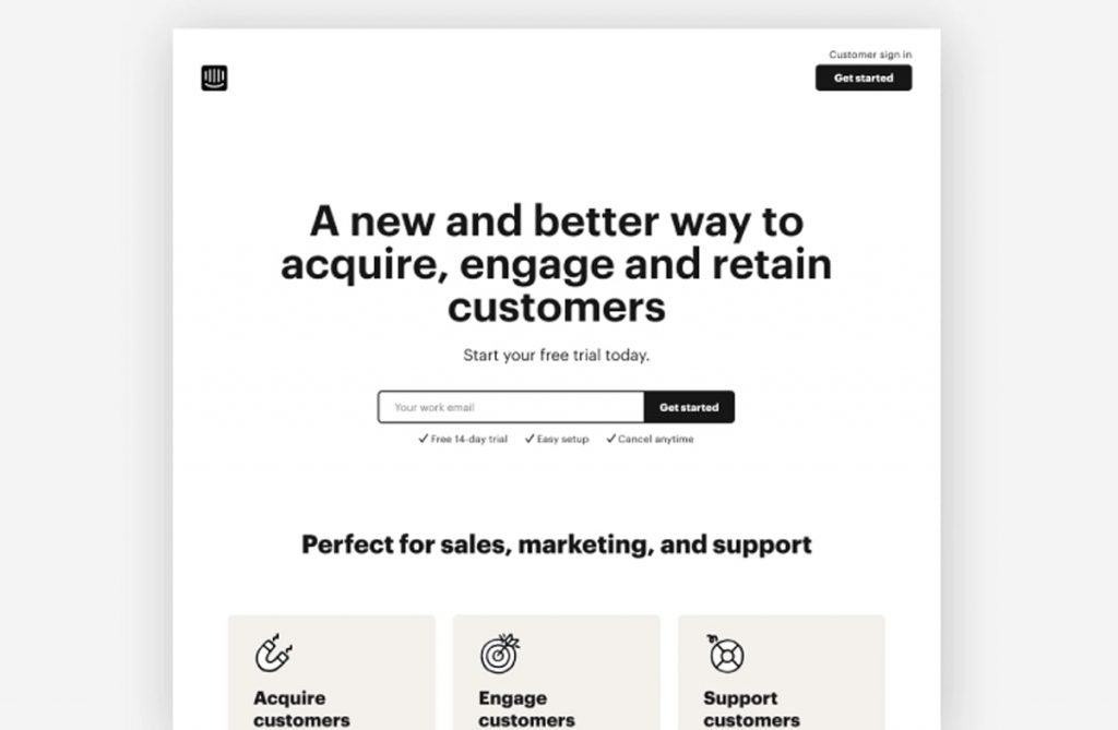 Intercom landing page example
