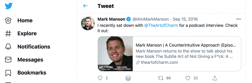 tweet about Mark Manson on the art of charm podcast