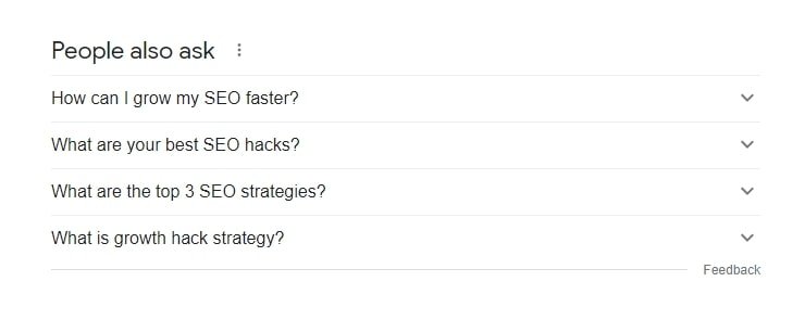 People also ask section for the query - seo growth hacks