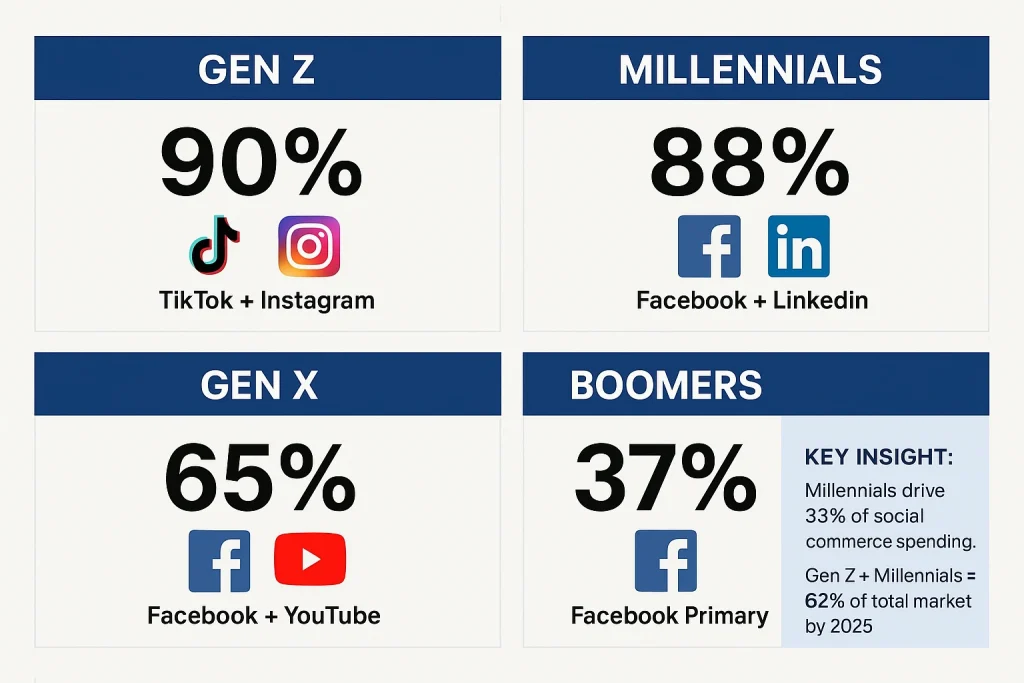 Generational social media platform preferences 2025: Gen Z favors TikTok 55%, Millennials prefer Facebook 52% and LinkedIn