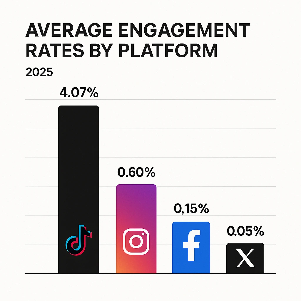 Social media engagement rates by platform 2025: TikTok leads at 4.07%, Instagram 0.60%, Facebook 0.15%, Twitter 0.05%