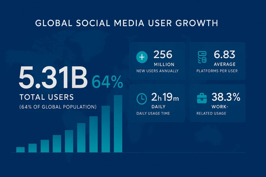 Social media statistics 2025 infographic showing 5.31 billion global users representing 64 of world population with annual growth data