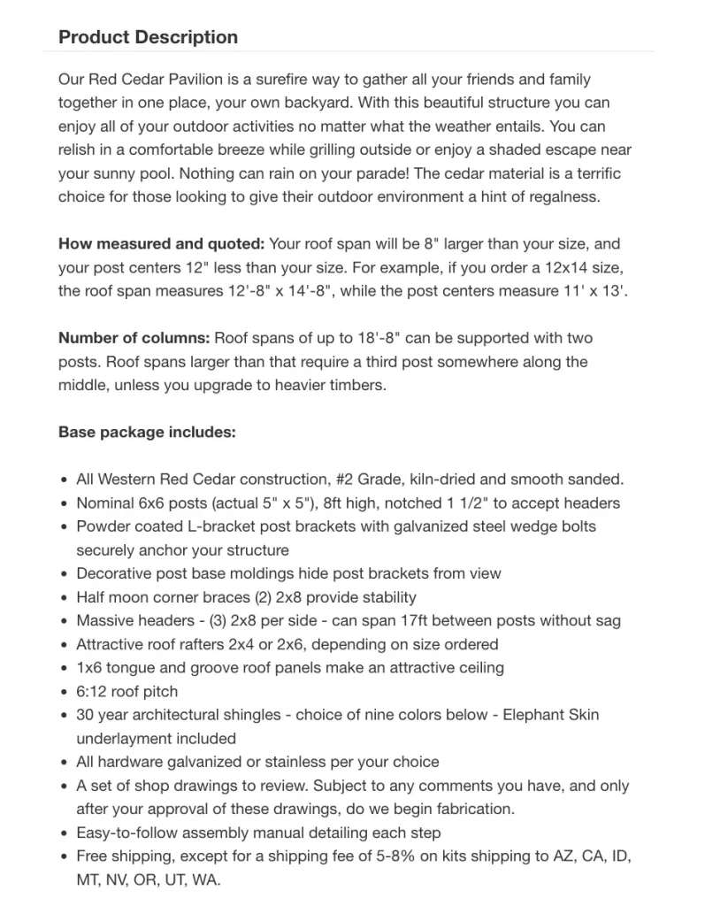 product page design with text