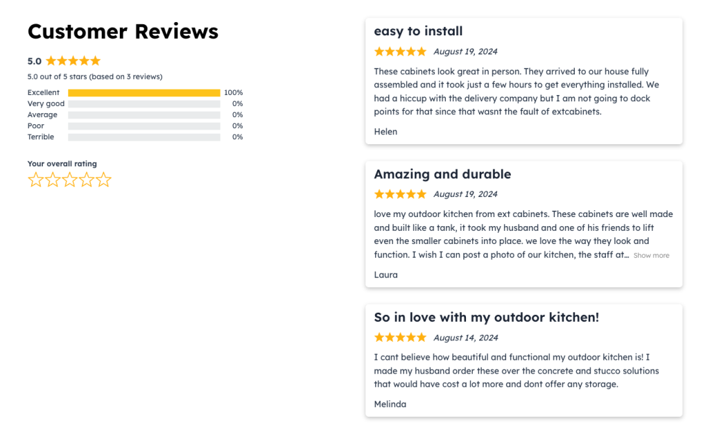 Social proof marketing examples - EXT cabinets customer reviews