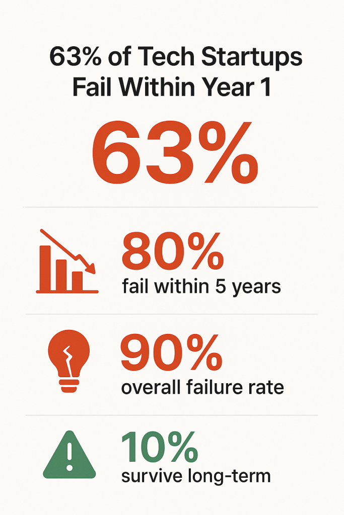 Infographic showing 63% of tech startups fail within first year, 80% fail within 5 years, with overall 90% startup failure rate statistics
