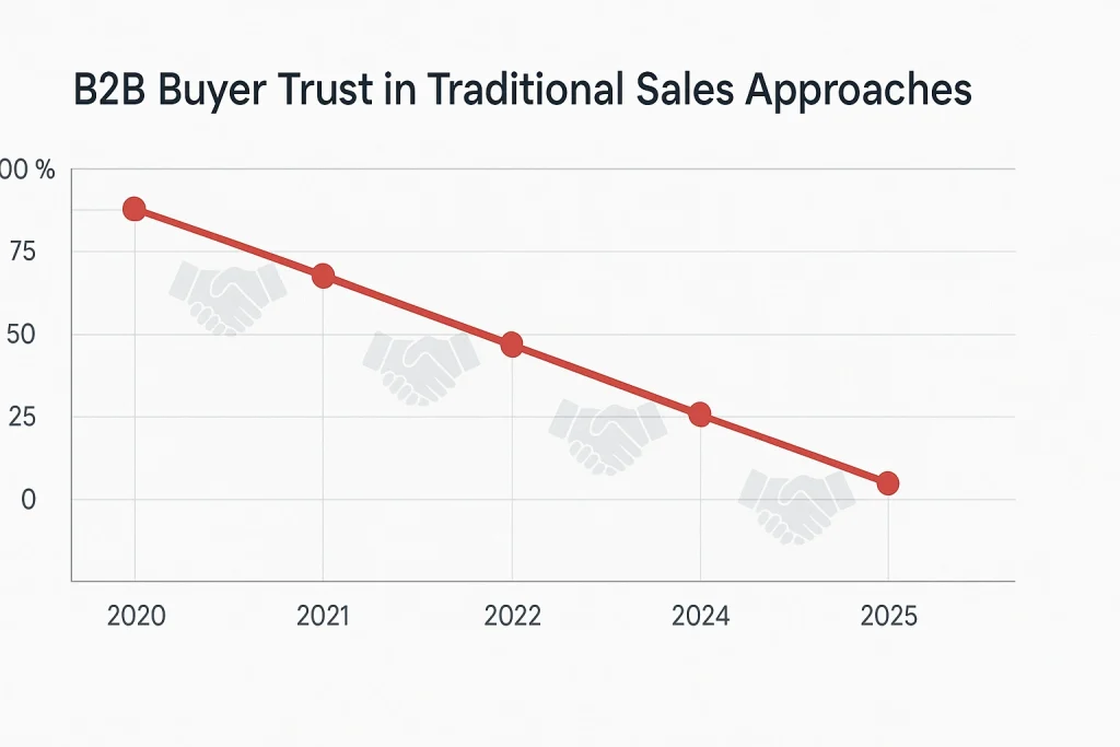 Line graph showing declining B2B buyer trust in traditional trust based selling approaches from 2020 to 2025, decreasing from 75% to 45%