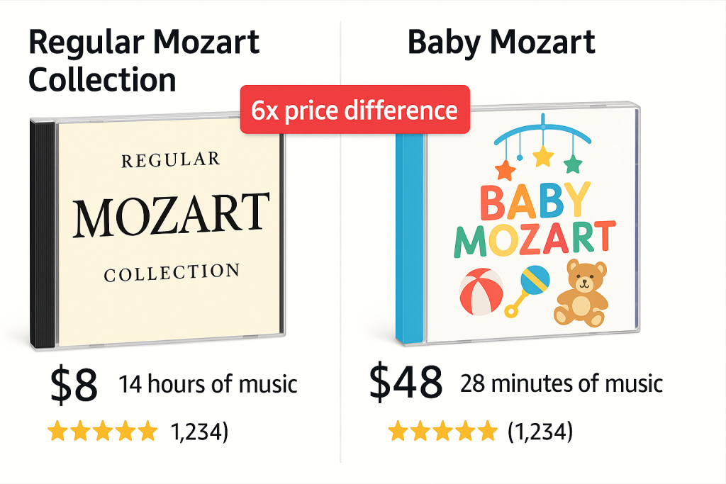 Product comparison showing Baby Mozart at $48 for 28 minutes versus Regular Mozart at $8 for 14 hours demonstrating problem-focused pricing strategy
