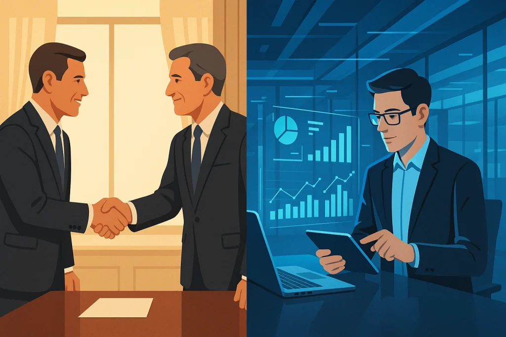 Split screen comparison showing traditional handshake sales approach versus modern digital trust based selling methods in B2B tech environments