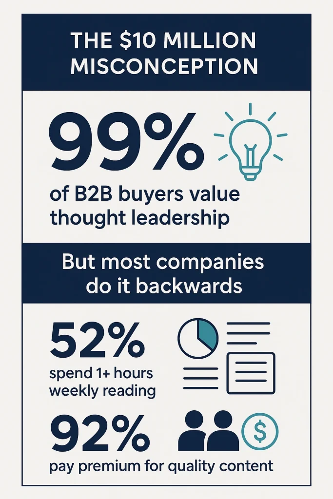 Thought leadership statistics infographic showing 99% of B2B buyers value thought leadership but most companies implement it incorrectly