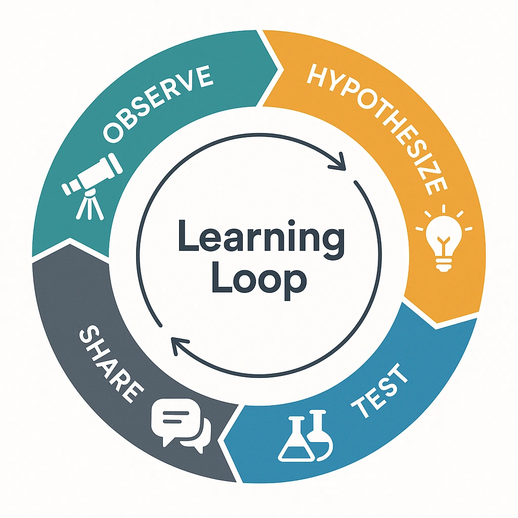CEO learning loop diagram showing four-stage innovation cycle: observe, hypothesize, test, and share for continuous improvement