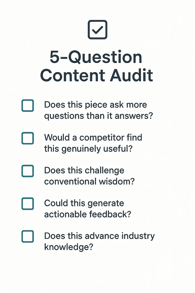 Five-question content audit checklist for evaluating thought leadership innovation potential and content effectiveness