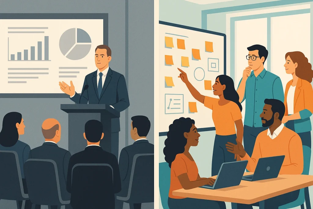 thought leadership innovation: Traditional thought leadership versus innovation-driven learning approach comparison showing corporate presentation vs collaborative brainstorming