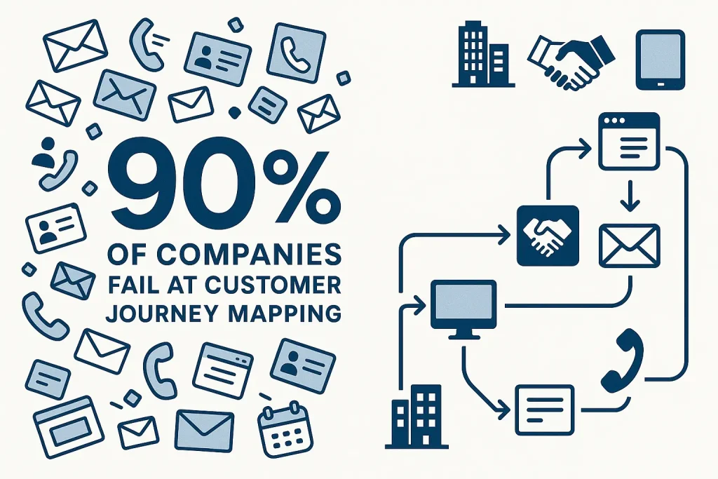 Infographic showing 90% of companies fail at b2b customer journey mapping, with chaotic touchpoints on left contrasted against organized pathway on right, illustrating the difference between tracking interactions versus designing achievement pathways