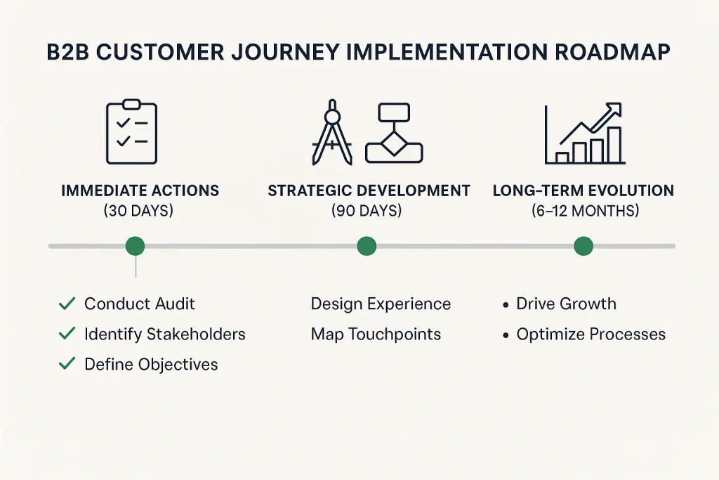 Professional timeline showing three-phase implementation roadmap for B2B customer journey optimization, with immediate actions, strategic development, and long-term evolution phases clearly marked with actionable milestones