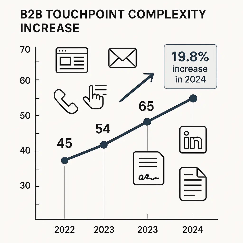 Graph showing increasing B2B customer touchpoints from 45 in 2022 to 65 in 2024, with various interaction icons and highlighted 19.8% increase callout, demonstrating growing complexity in B2B sales cycles