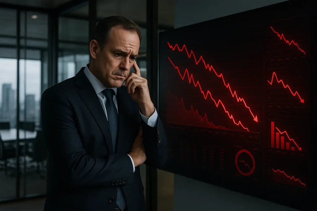 CEO analyzing declining data strategy performance metrics on corporate dashboard