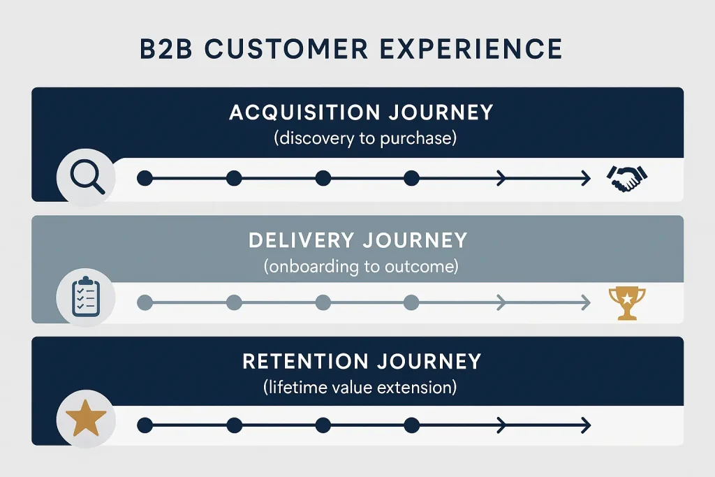 Strategic diagram illustrating the three-journey framework with acquisition, delivery, and retention phases, showing connected milestones and progression paths for comprehensive B2B customer experience design