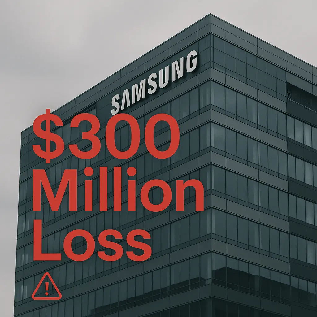 Samsung Securities building with data strategy financial loss visualization showing $300 million impact