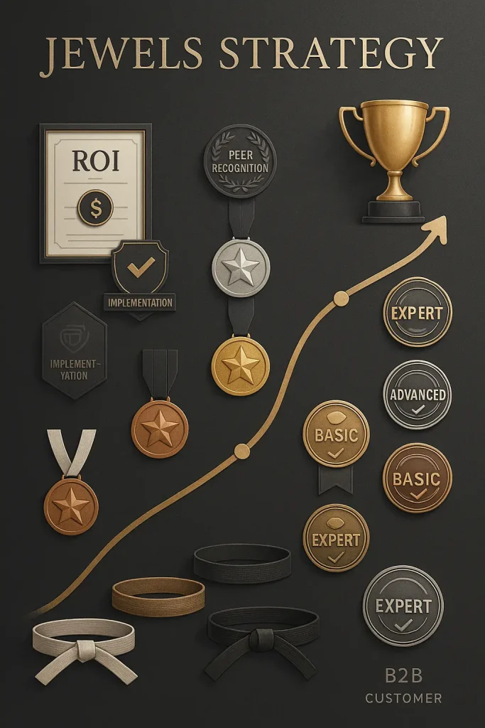 Illustration of the jewels strategy showing progression of achievement markers from basic certifications to expert recognition, demonstrating how B2B companies can create irresistible advancement pathways for customer retention