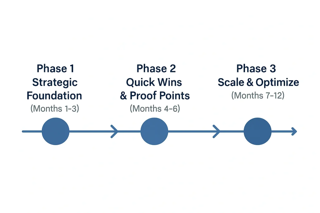 Three-phase data strategy implementation timeline showing 12-month roadmap and key milestones