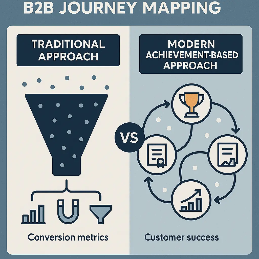 Side-by-side comparison showing traditional linear touchpoint tracking approach versus modern achievement-based pathway design, highlighting the evolution from conversion focus to customer success optimization