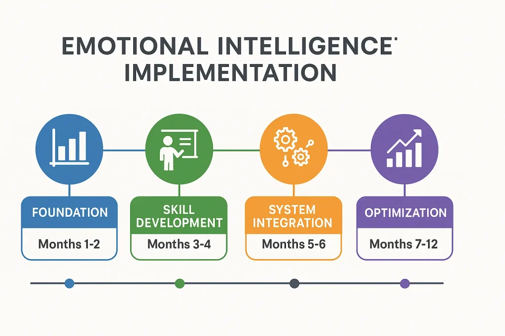 12-month implementation timeline showing four phases of emotional intelligence development in B2B organizations