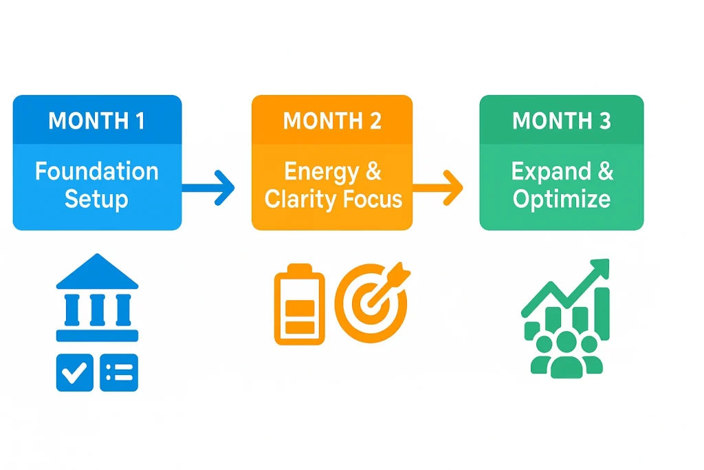 Three-month implementation timeline showing progressive rollout of productivity metrics: foundation setup, energy and clarity focus, then expansion and optimization phases