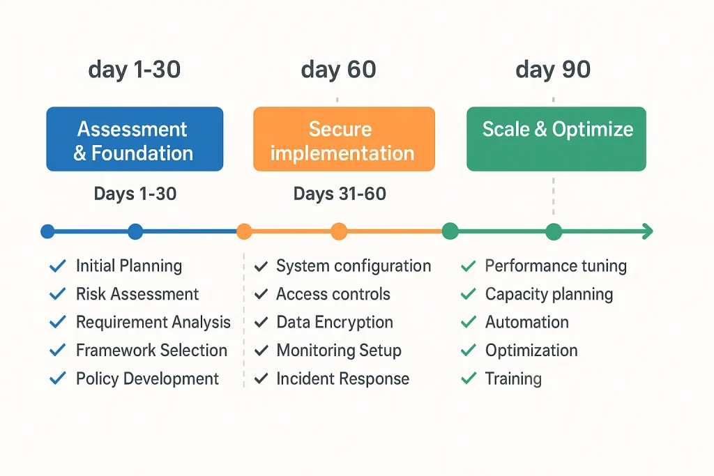 Timeline infographic showing three implementation phases: 30-day assessment and foundation phase, 30-day secure implementation phase, and 30-day scale and optimization phase with key milestones and deliverables