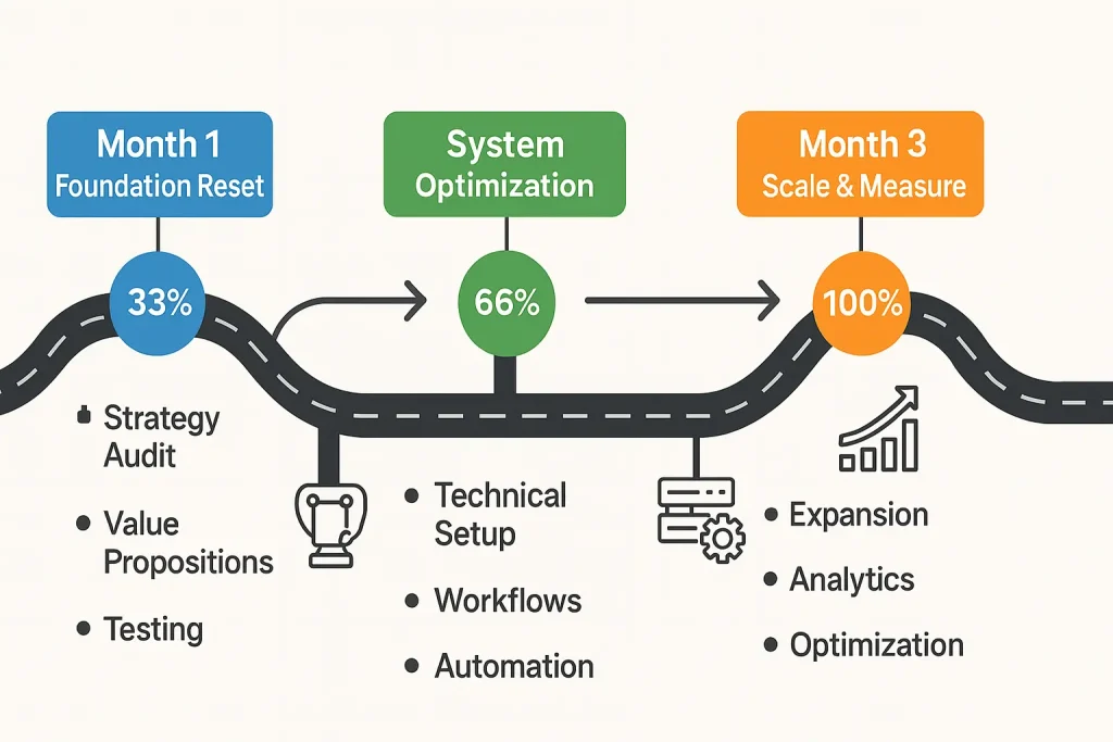 Timeline infographic showing 90-day cold email implementation plan across three months with specific milestones and deliverables