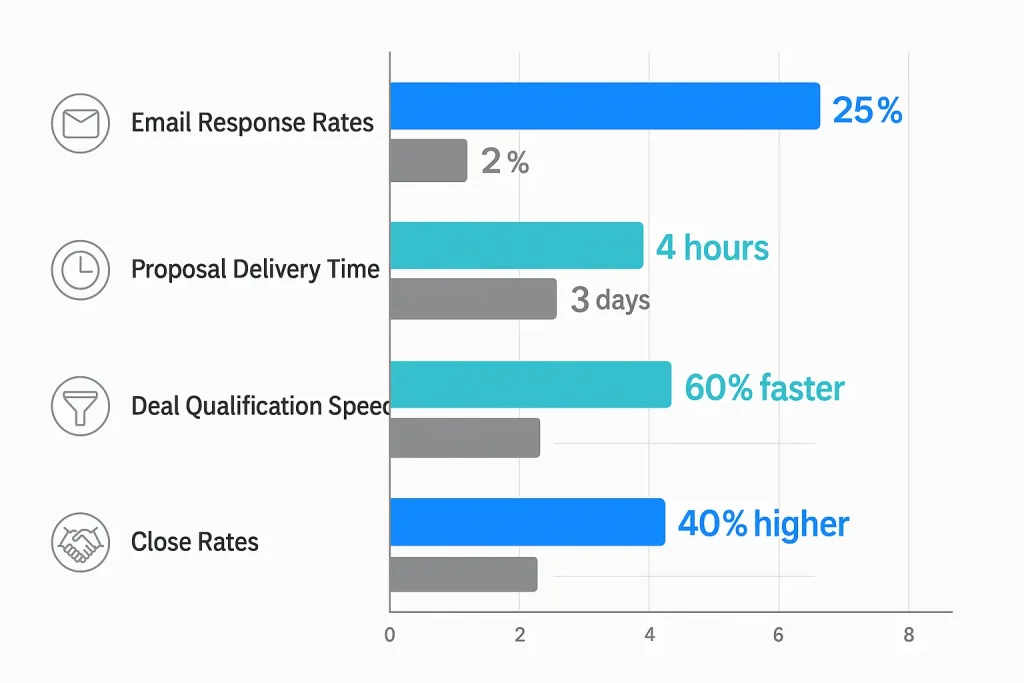 Bar chart comparing AI-enhanced CRO performance (25% response rates, 4-hour proposals, 60% faster qualification) against traditional CRO performance (2% response rates, 3-day proposals, standard timelines)