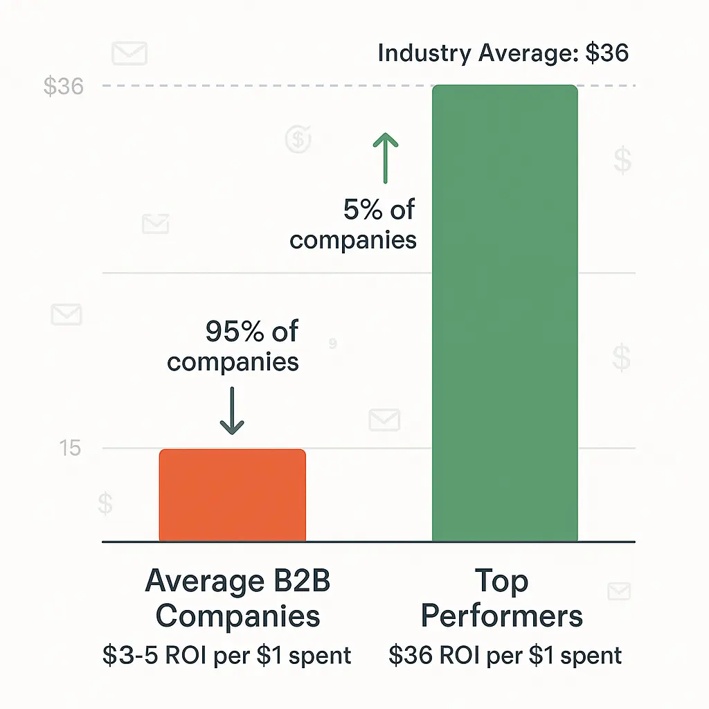 Bar chart comparing cold email ROI between average performers ($3-5 per dollar) and top performers ($36 per dollar)