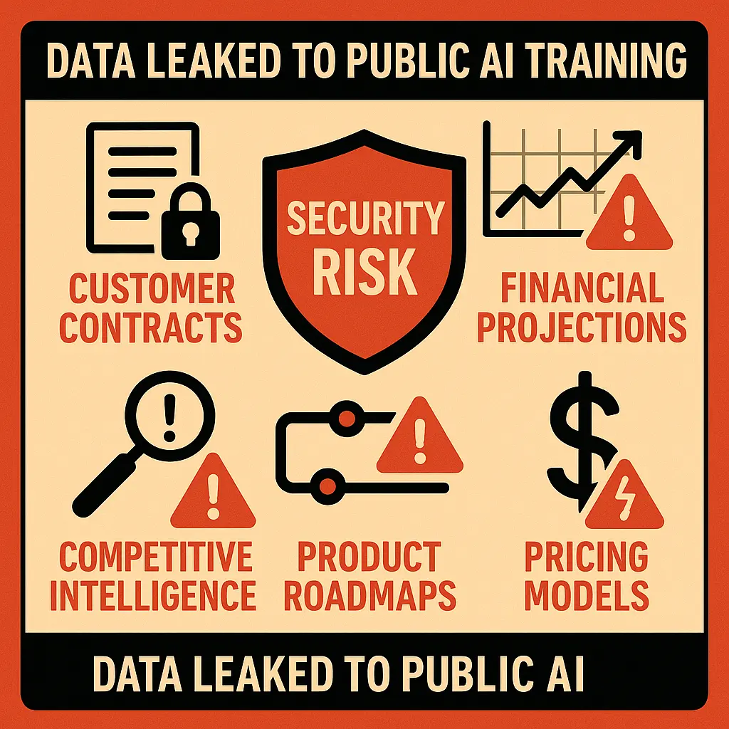 Warning graphic highlighting five major data breach risk areas: customer contracts in ChatGPT, financial projections exposed, competitive intelligence leaked, product roadmaps compromised, and proprietary pricing models accessible to competitors