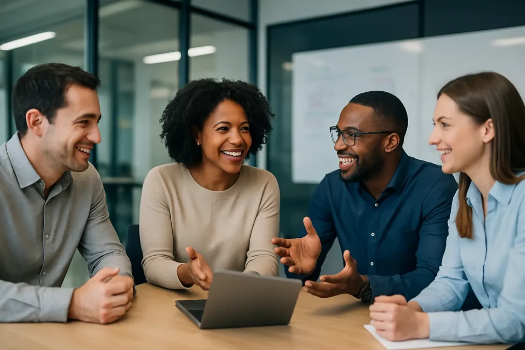 Diverse business team engaged in collaborative meeting demonstrating emotional intelligence and effective communication in B2B environment