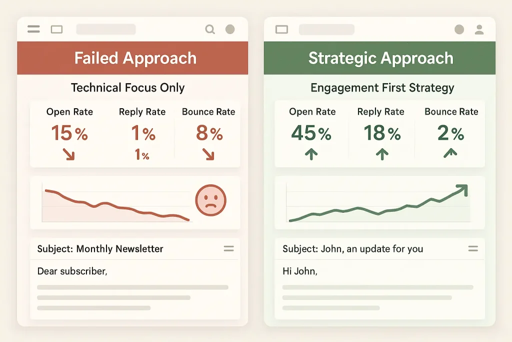 Before and after comparison showing email metrics transformation from failed campaigns to successful campaigns with improved reply rates