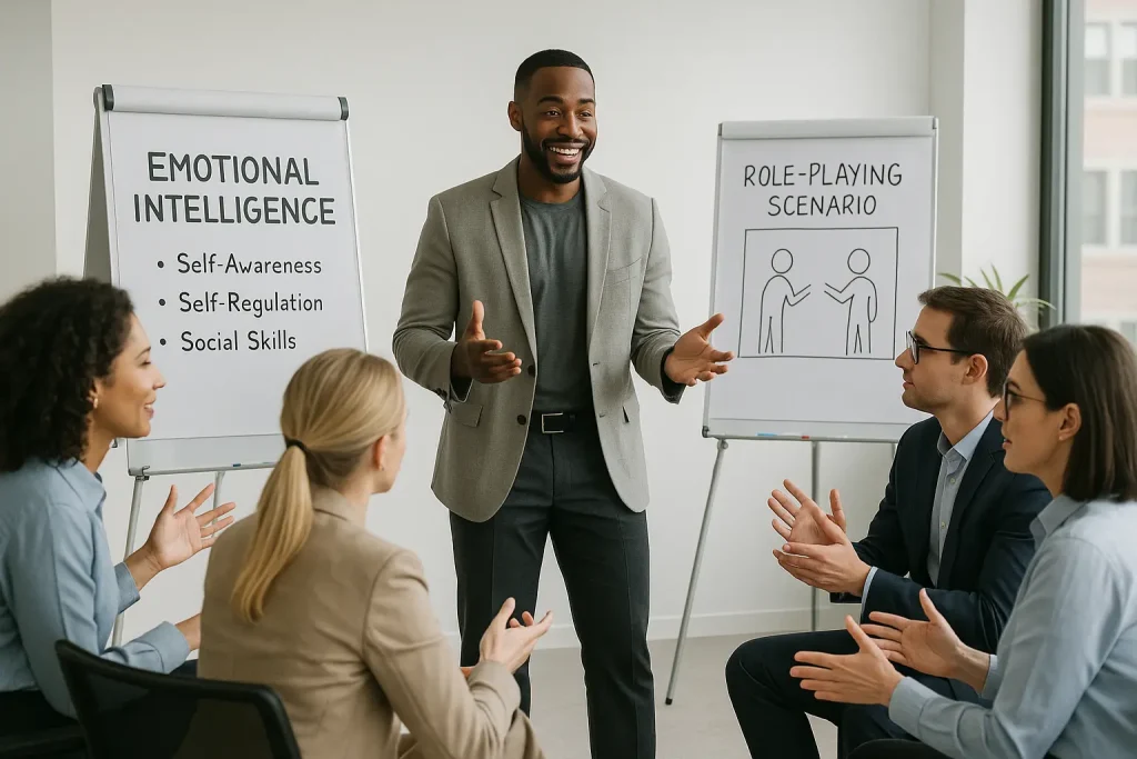Business professionals participating in emotional intelligence training session designed for B2B sales team development