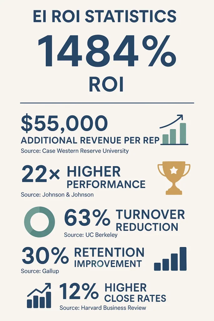 Infographic displaying key emotional intelligence ROI statistics including 1484% return on investment and measurable business performance improvements