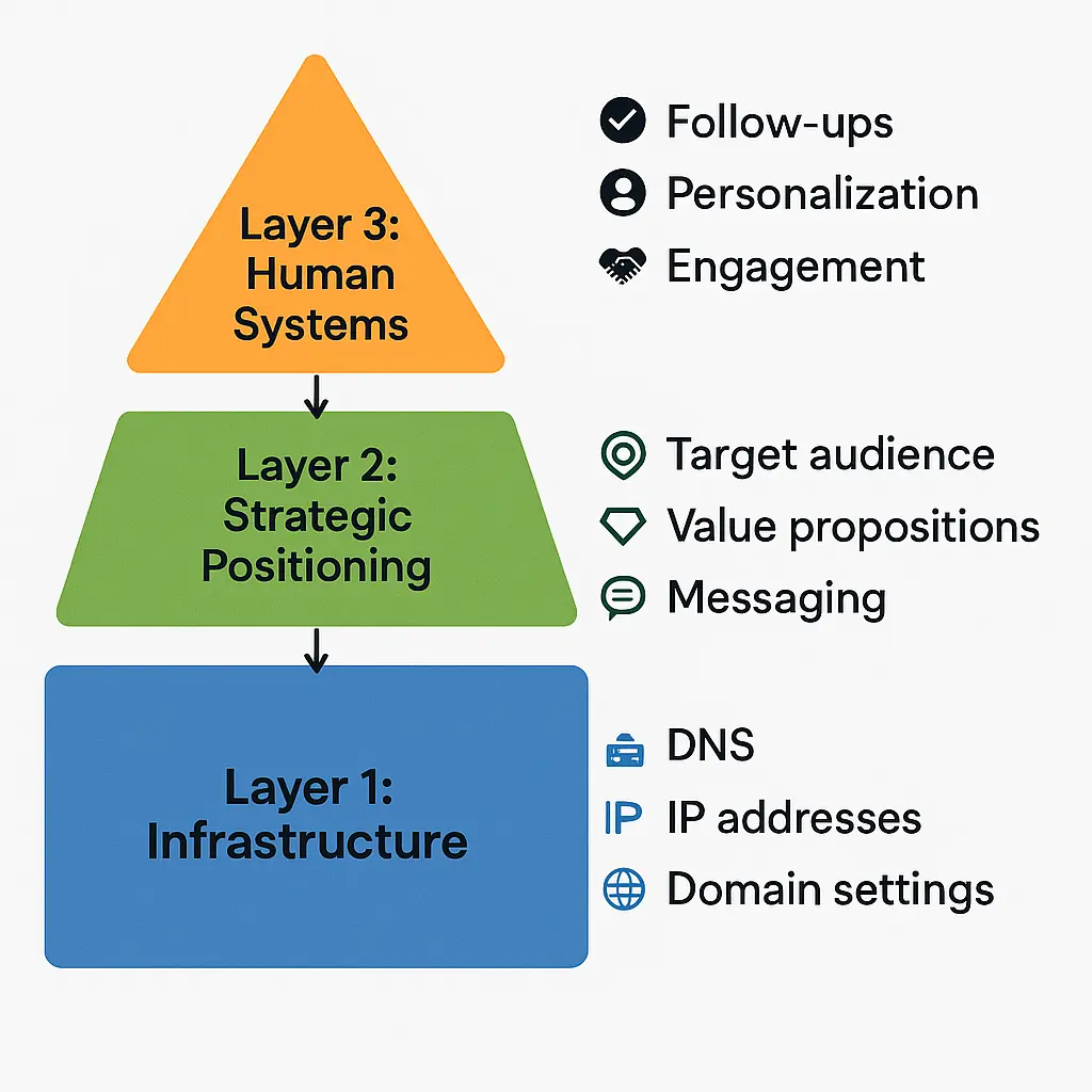Diagram showing three-layer cold email deliverability stack: infrastructure foundation, strategic positioning, and human systems