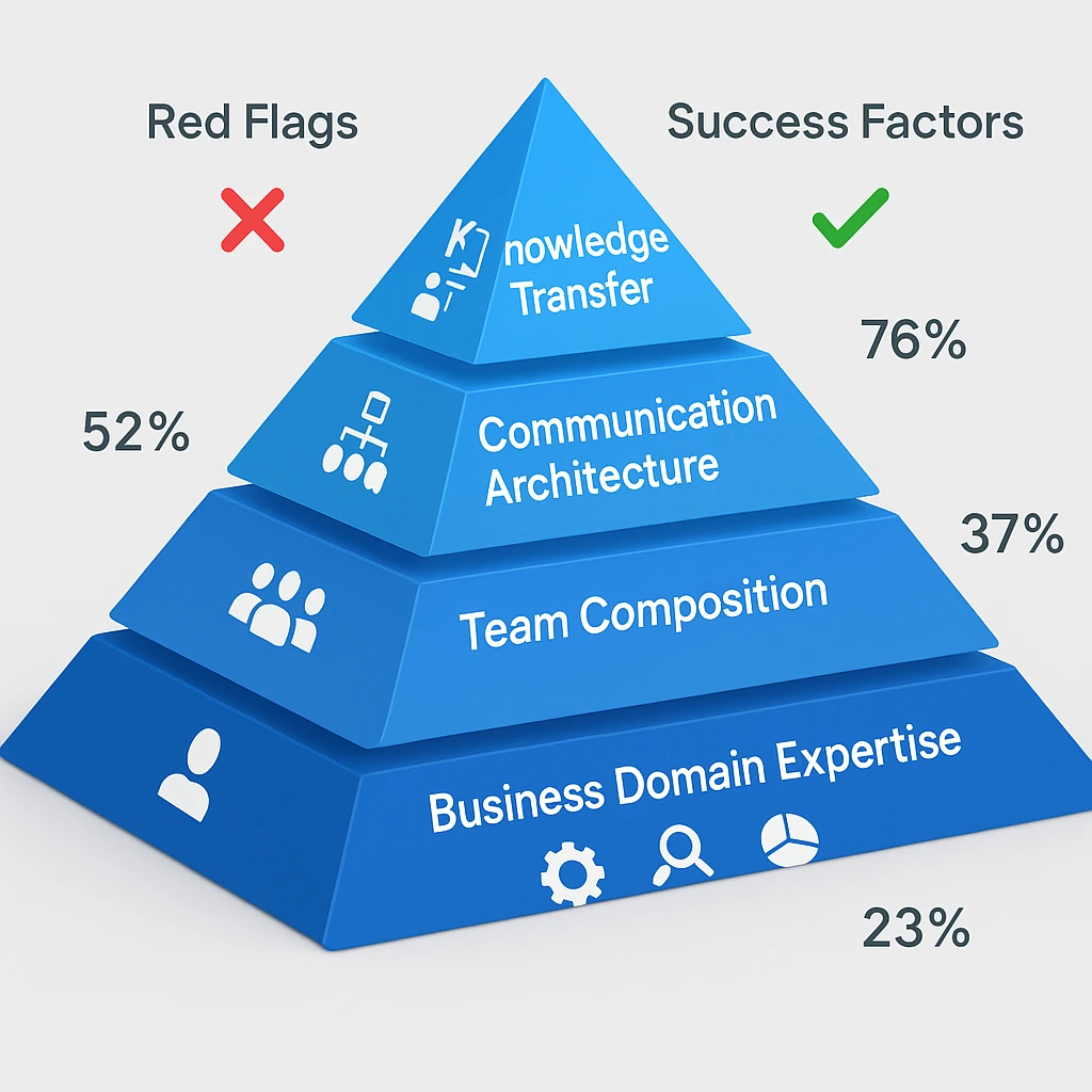 Four-layer pyramid framework for vetting technical partnerships showing business domain expertise as foundation, team composition, communication architecture, and knowledge transfer systems at top