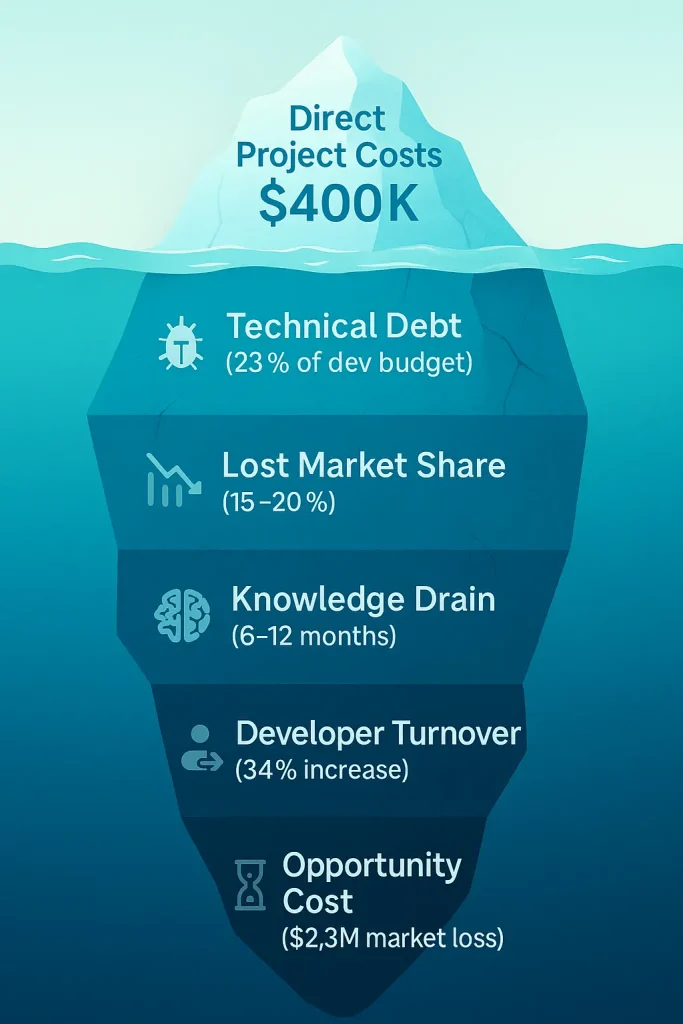 Iceberg diagram showing visible project costs of $400K above water with massive hidden costs below including technical debt, lost market share, knowledge drain, and opportunity costs totaling millions