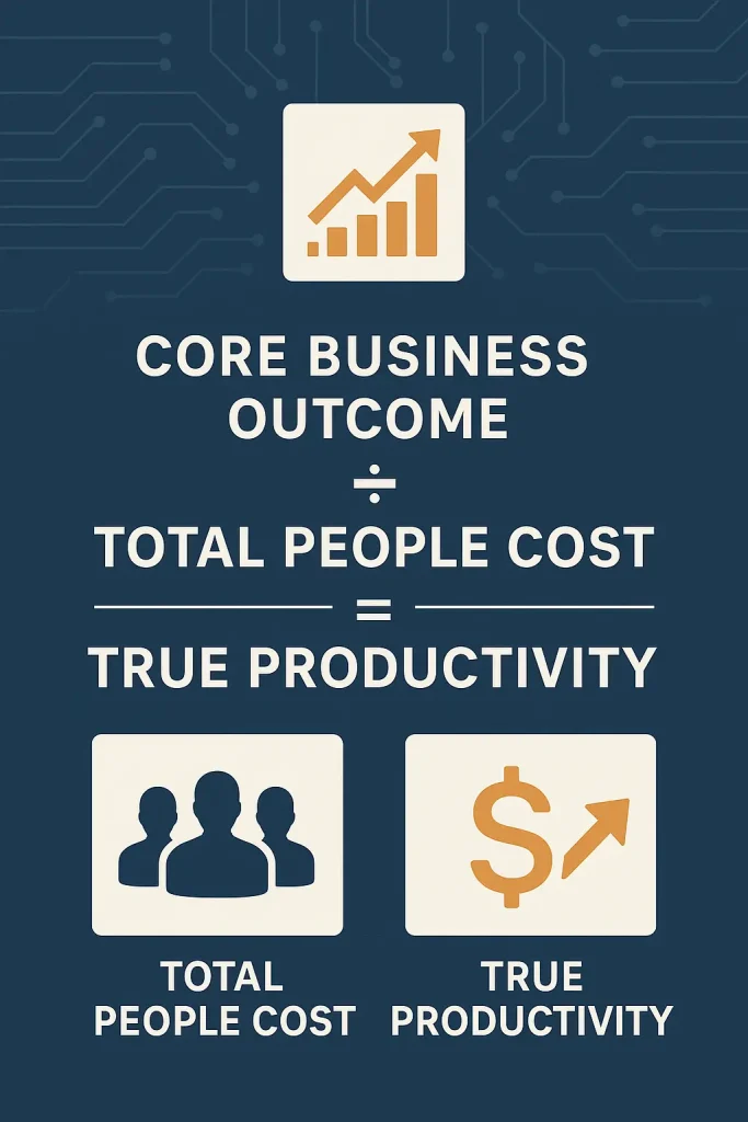 Infographic showing the strategic team productivity formula: Core Business Outcome divided by Total People Cost equals True Productivity, with professional icons and data visualization elements