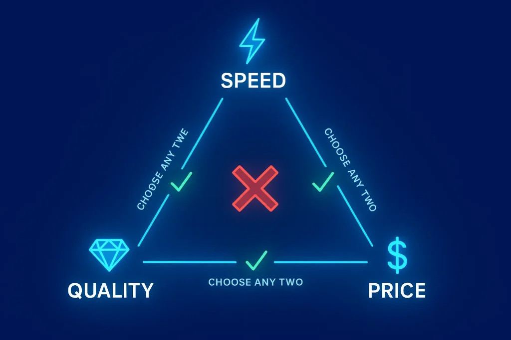 Triangle diagram illustrating the technical outsourcing trilemma where companies can only choose two of three options: speed, quality, or price, but never all three simultaneously