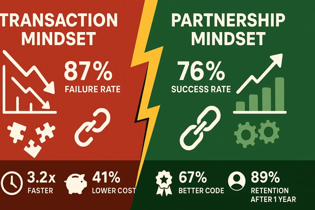 Infographic comparing transaction-based outsourcing with 87% failure rate versus partnership-based outsourcing with 76% success rate, showing improvements in speed, cost, quality, and retention