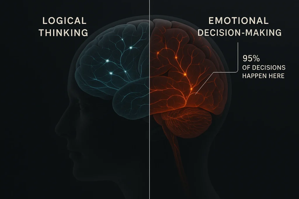neuroscience selling - Split-screen brain scan showing traditional logical decision areas in blue versus emotional decision areas in orange, highlighting that 95% of purchase decisions occur in emotional brain regions