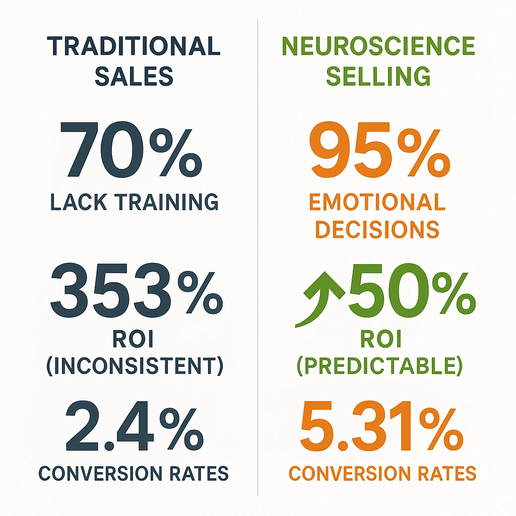 Infographic comparing traditional sales training (70% lack training, 2.4% conversion) versus neuroscience selling methods (95% emotional decisions, 5.31% conversion rates)